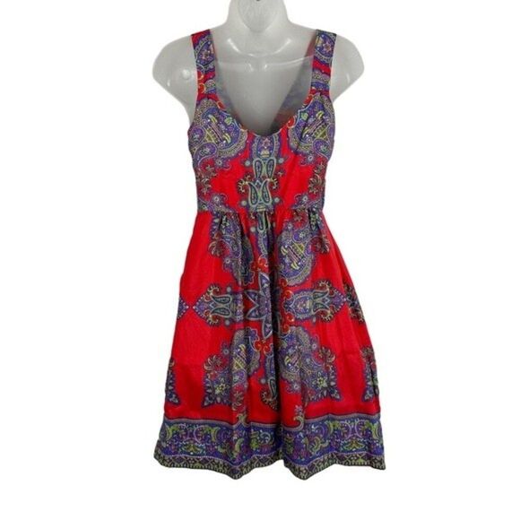 Silk Boho Dress Red Paisley Print Size 2 - Picture 3 of 12